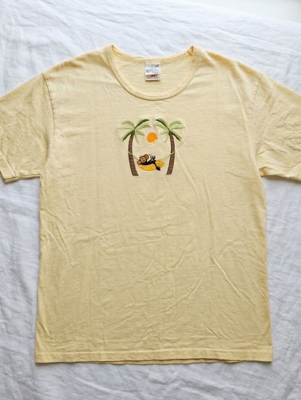 Vintage Butter Yellow Embroidered Monkey Hammock Graphic Tee